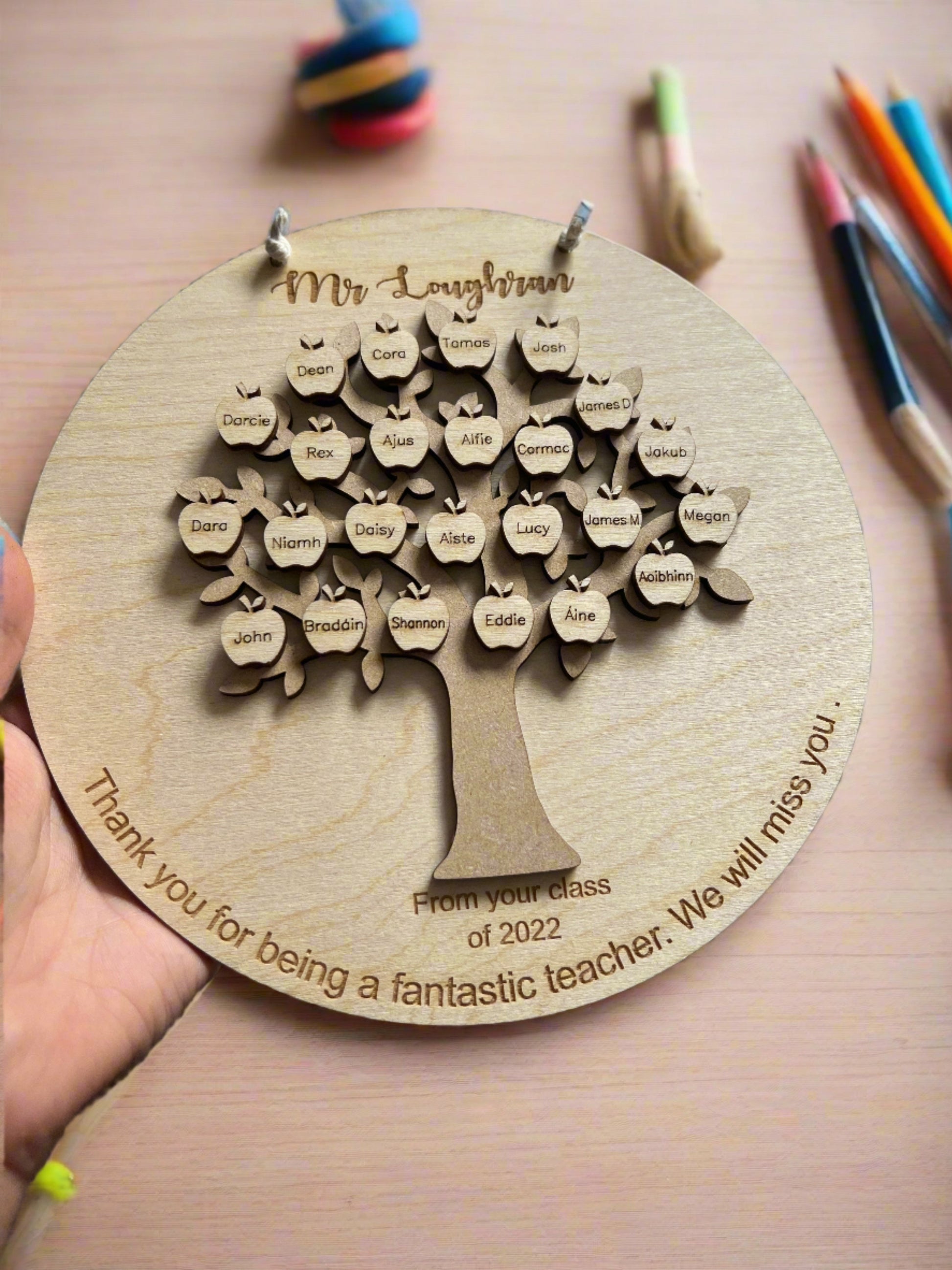 Wooden personalised tree class teacher plaque - Laser LLama Designs Ltd