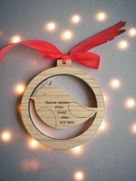 Oak veneer robin memorial bauble