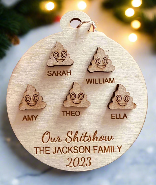 Wooden personalised shitshow family bauble - Laser LLama Designs Ltd