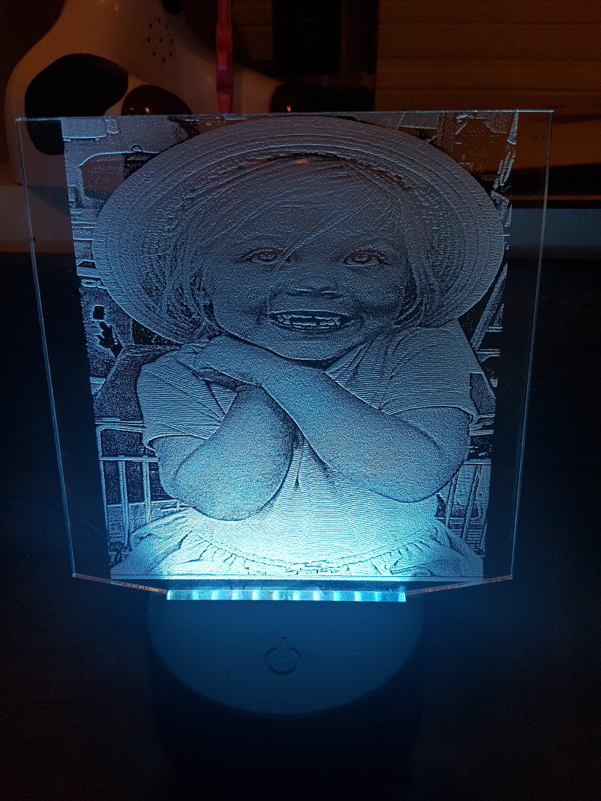 Photo laser engraved onto Acrylic with led multi colour changing base - Laser LLama Designs Ltd