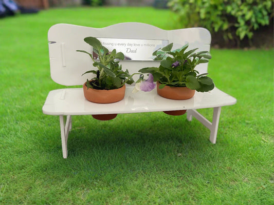 White acrylic personalised bench for flower pots - Laser LLama Designs Ltd