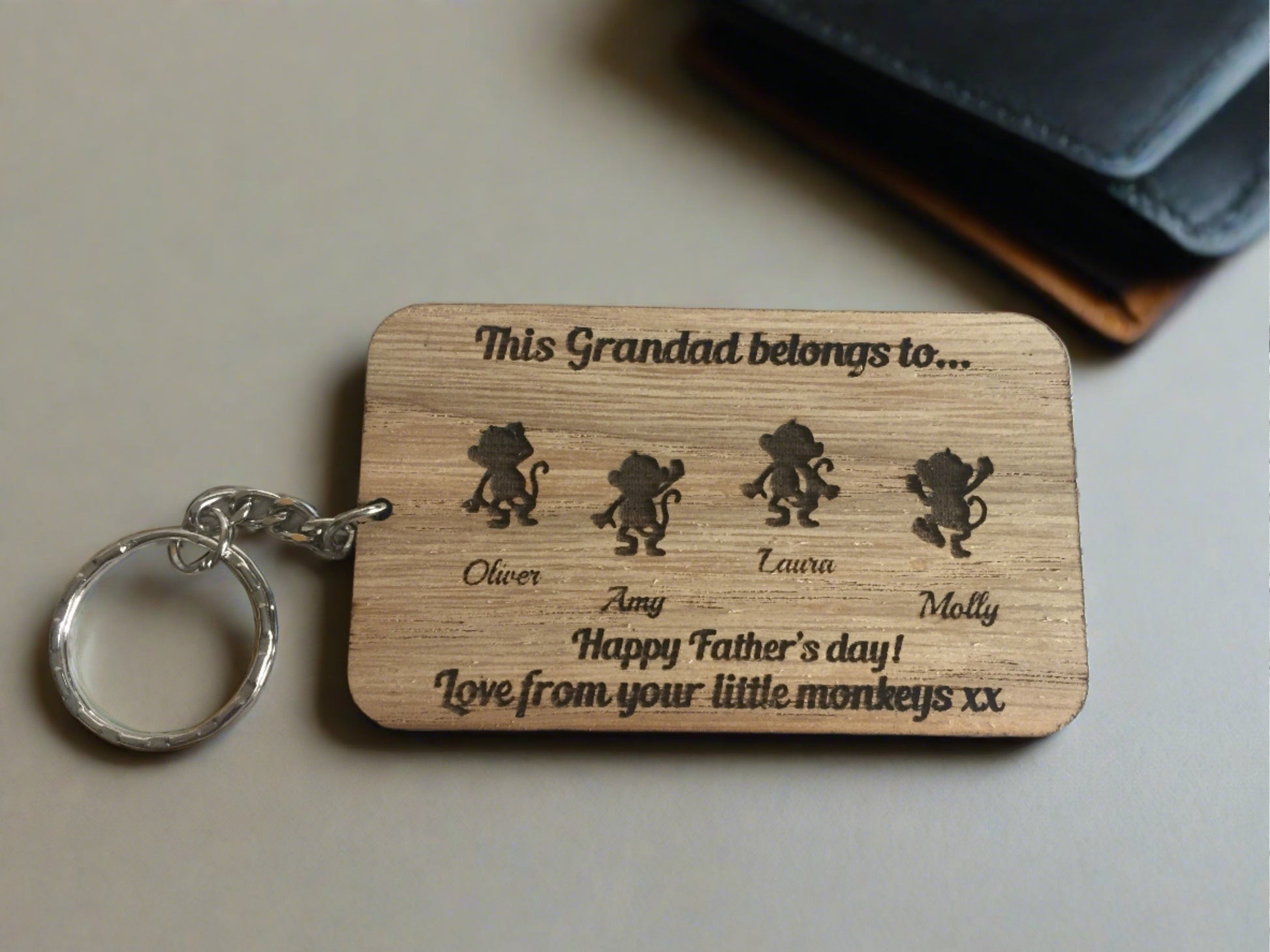 Oak veneer personalised little monkeys  keyring - Laser LLama Designs Ltd