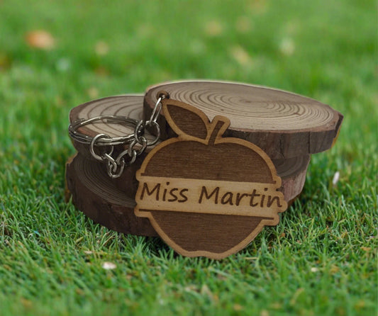 Wooden personalised apple teacher keyring - Laser LLama Designs Ltd