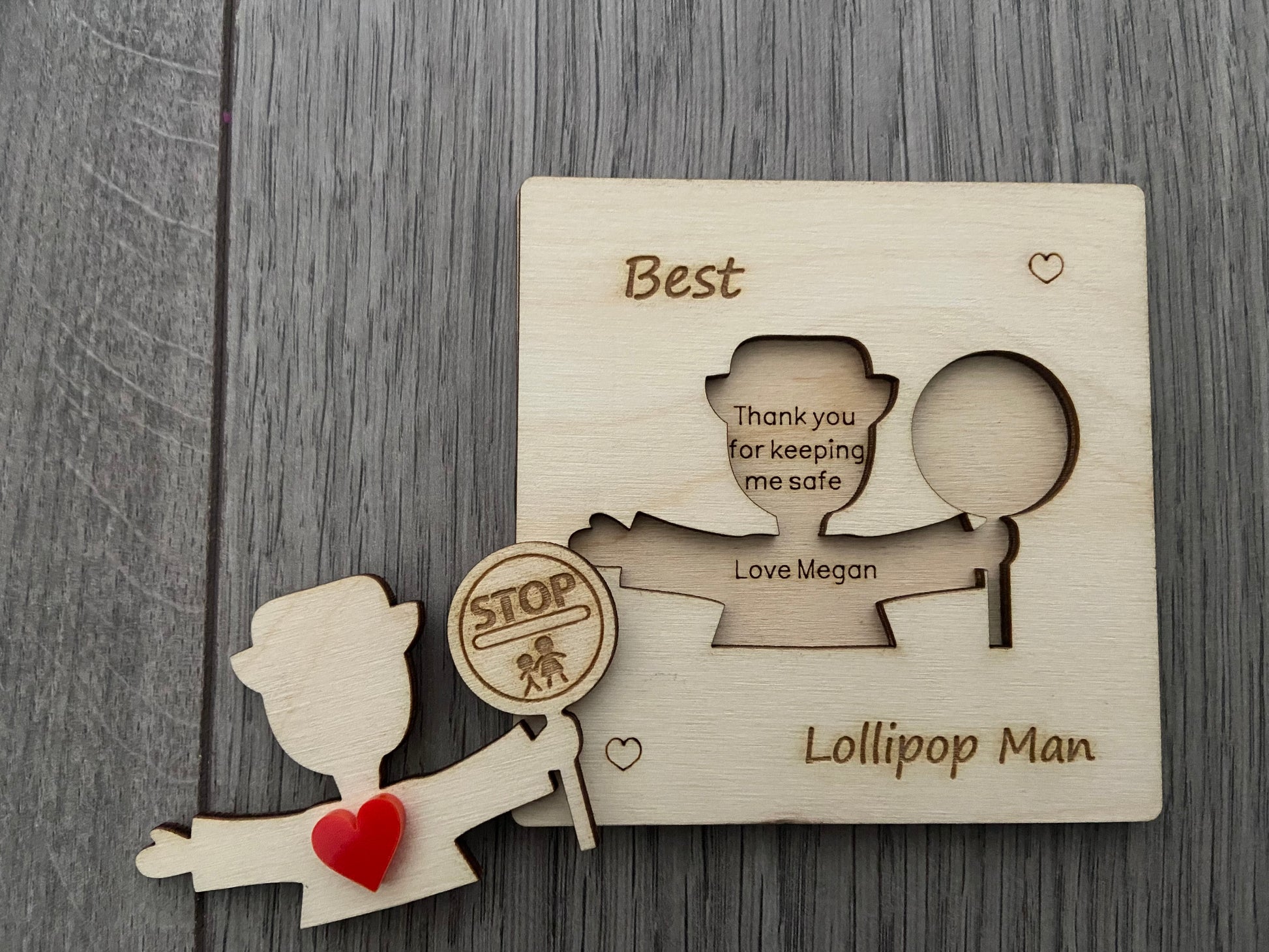 Wooden 3d personalised lollipop lady/man  card - Laser LLama Designs Ltd