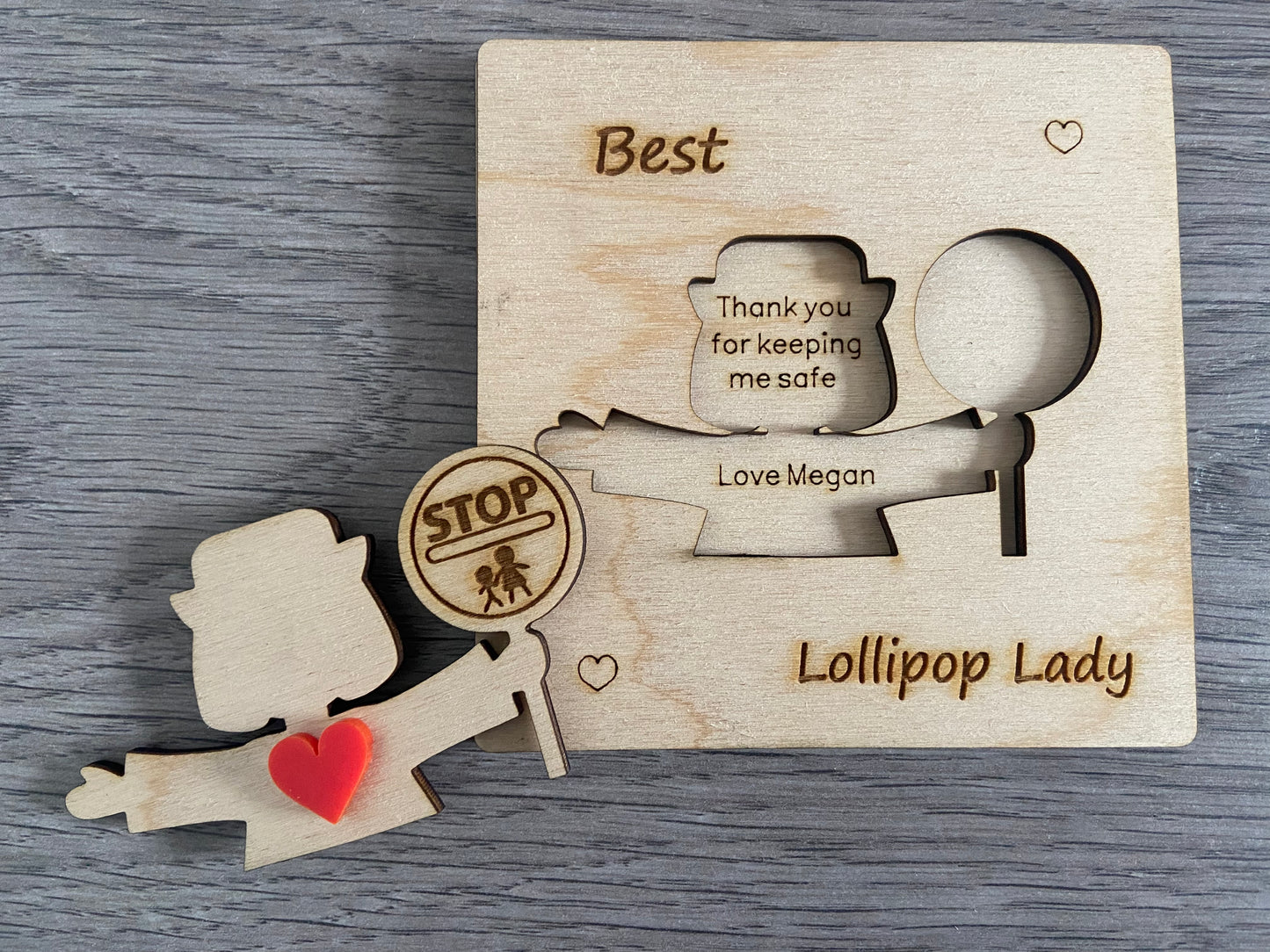 Wooden 3d personalised lollipop lady/man  card - Laser LLama Designs Ltd