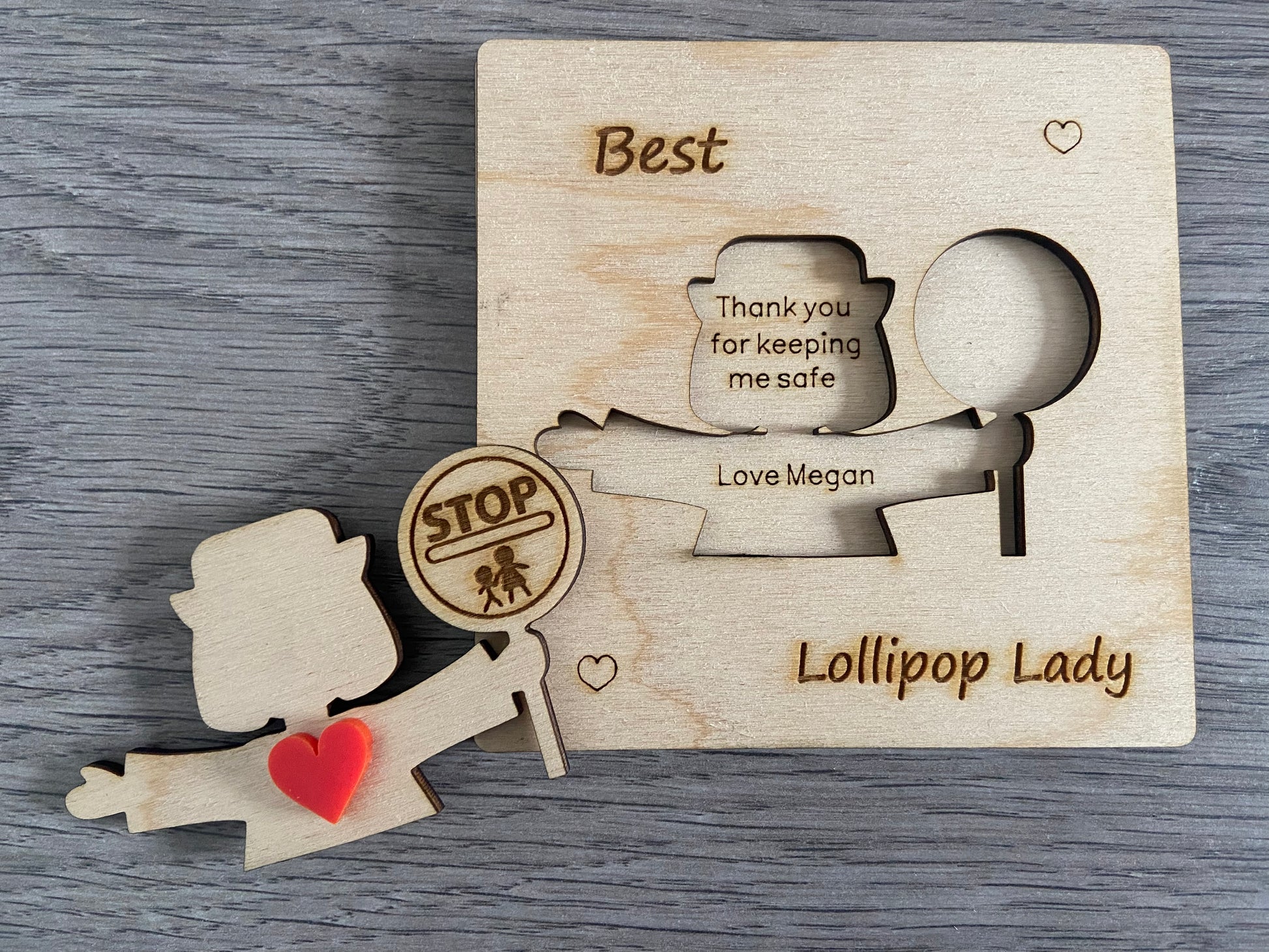 Wooden 3d personalised lollipop lady/man  card - Laser LLama Designs Ltd