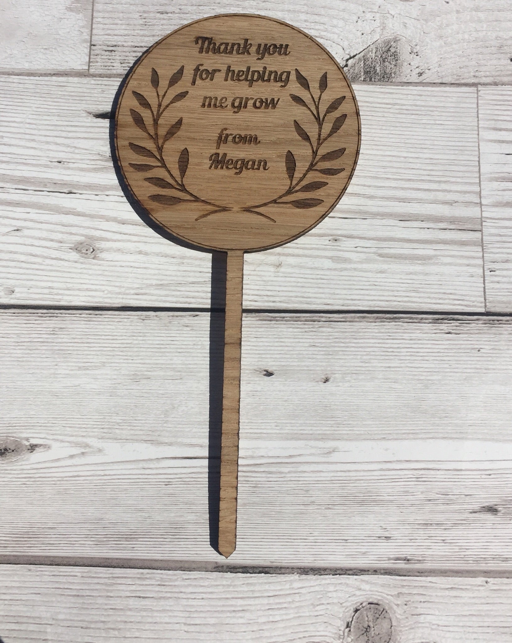 Oak veneer  personalised plant pot stick - Laser LLama Designs Ltd