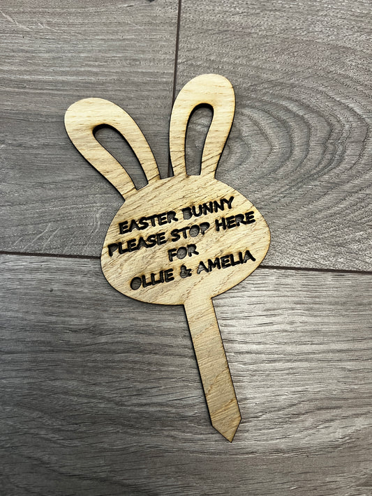 Oak veneer personalised Easter bunny stop here garden stake - Laser LLama Designs Ltd