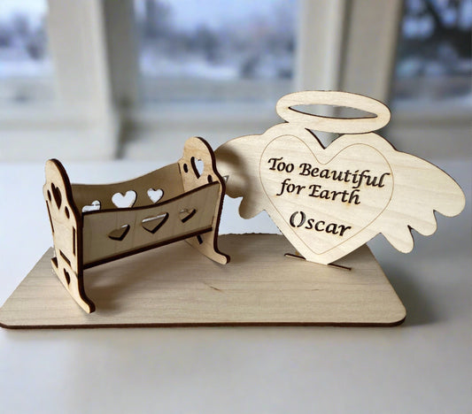 Personalised baby crib and plaque set on the base - Laser LLama Designs Ltd