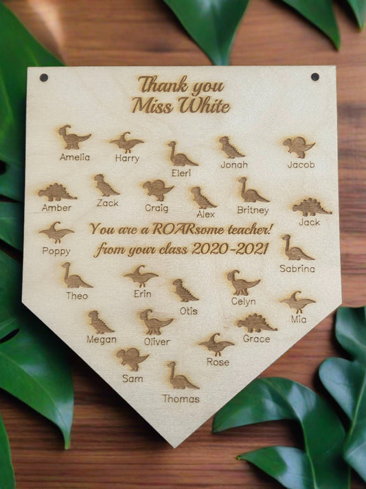 Wooden personalised dinosaur plaque -end of the year - Laser LLama Designs Ltd