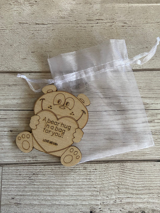 Wooden personalised bear in the bag - Laser LLama Designs Ltd