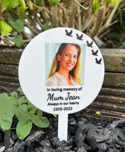 Load image into Gallery viewer, Acrylic personalised photo memorial grave marker in Black or White. - Laser LLama Designs Ltd