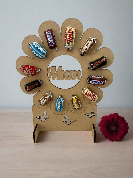 Wooden flower shape stand for celebrations chocolates - Laser LLama Designs Ltd