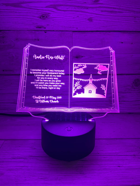 Light up 3D  open book christening gift display. 9 Colour options with remote! - Laser LLama Designs Ltd