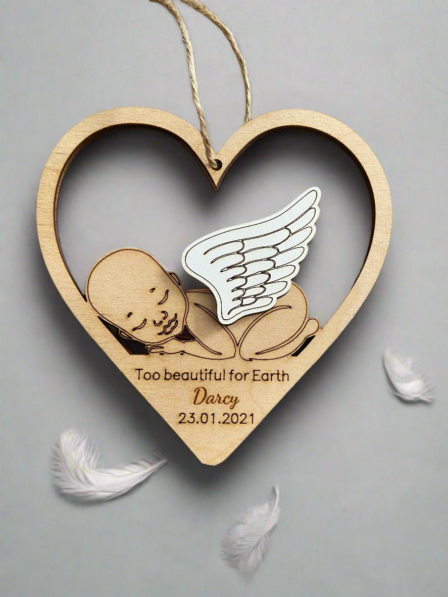 Too beautiful for Earth heart wings hanging plaque - Laser LLama Designs Ltd