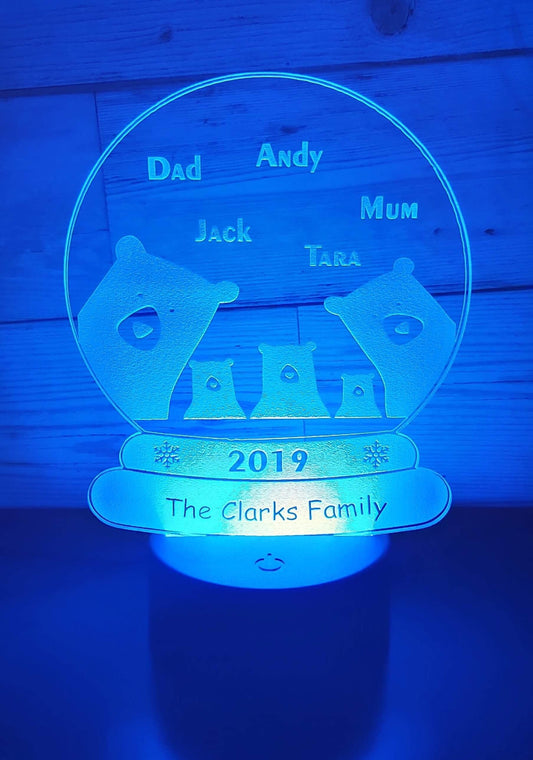 Bear family snow globe LED light up display- 9 colour options with remote - Laser LLama Designs Ltd