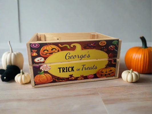 Wooden personalised Halloween crate - big pumpkin - Laser LLama Designs Ltd