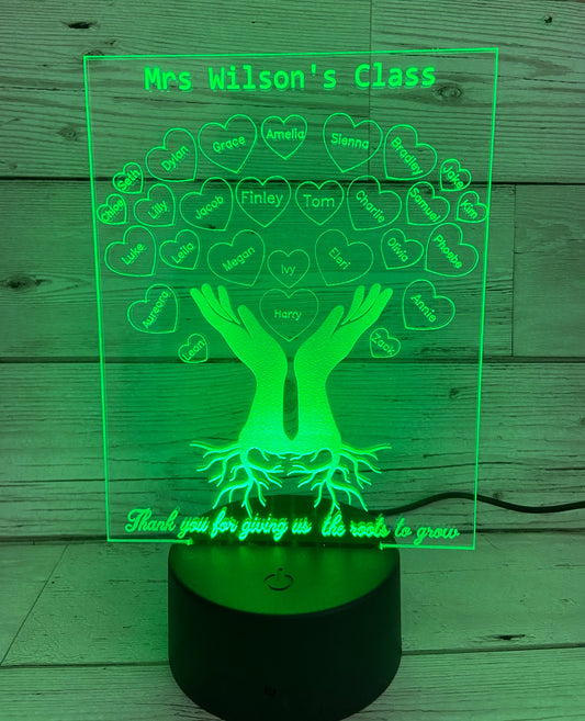 Personalised 3d Led light Teacher class gift-hands with roots - Laser LLama Designs Ltd