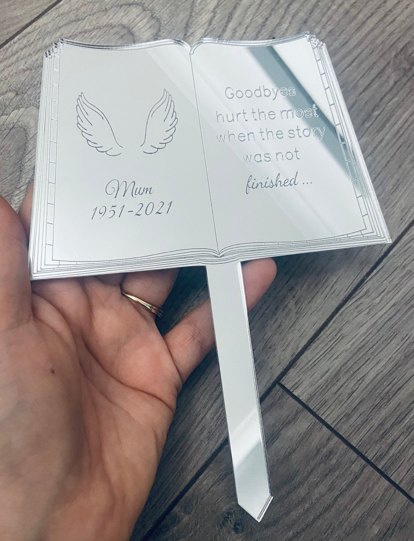 Silver mirrored acrylic personalised open book grave marker - Laser LLama Designs Ltd