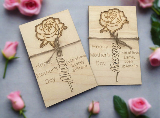 Wooden personalised card with rose cut out - Laser LLama Designs Ltd