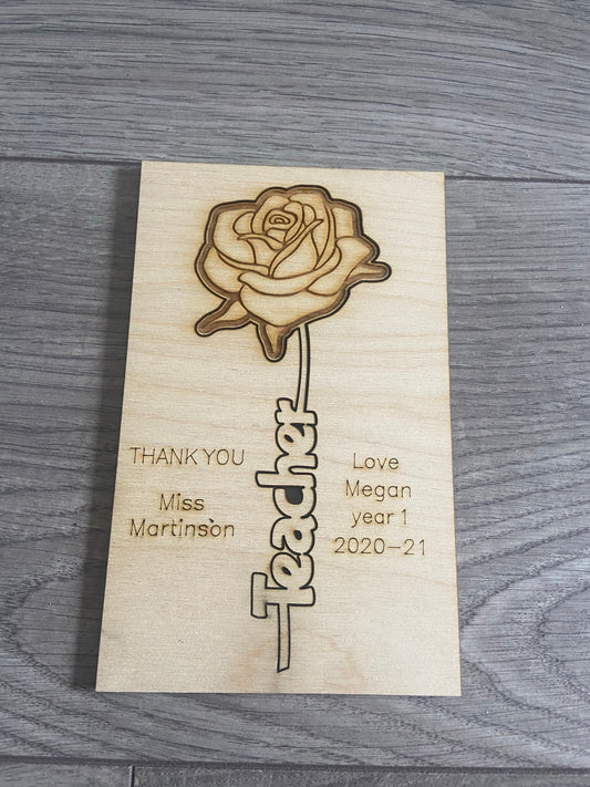 Wooden personalised card with laser cut rose - Laser LLama Designs Ltd