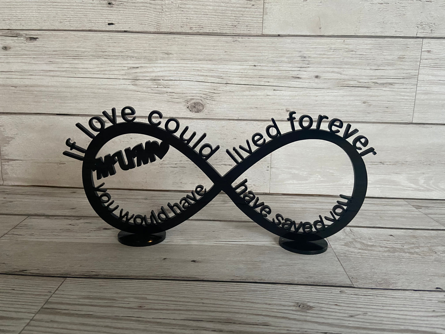 Infinity stand personalised black acrylic - Laser LLama Designs Ltd