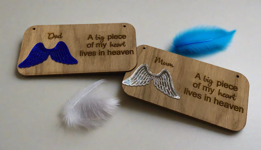 Oak veneer personalised angel wings plaque - Laser LLama Designs Ltd