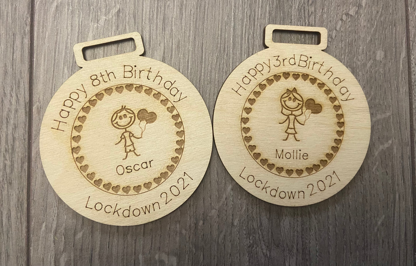 Wooden personalised happy birthday medal - Laser LLama Designs Ltd