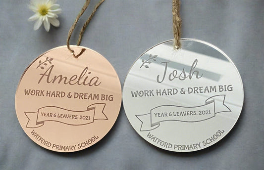 Mirrored acrylic personalised year 6 leaver circle plaque - Laser LLama Designs Ltd