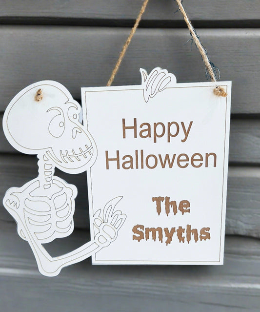 Happy Halloween skeleton plaque - Laser LLama Designs Ltd