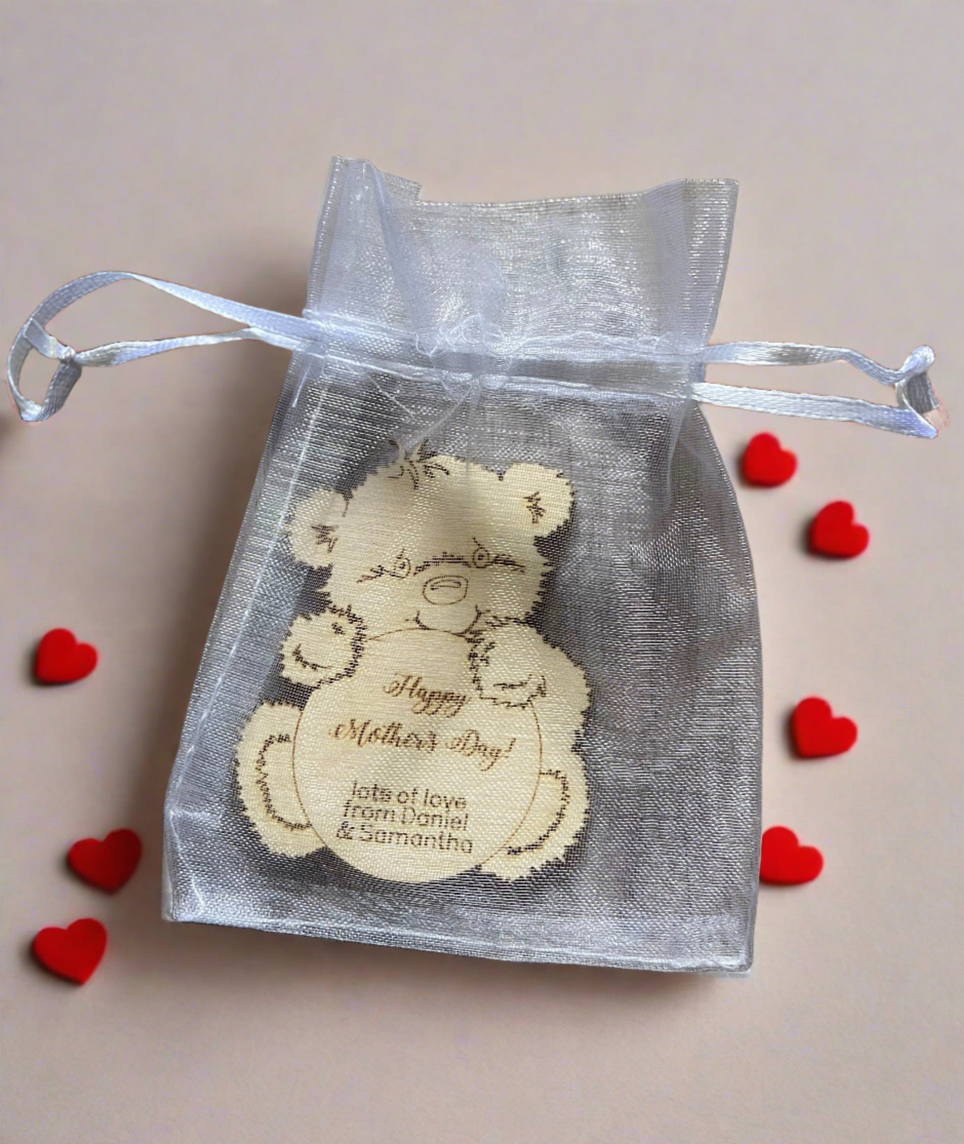 Wooden personalised bear in the bag -Happy Mother’s day - Laser LLama Designs Ltd