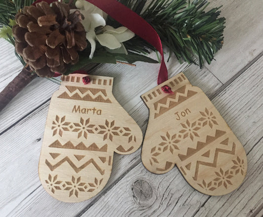 Wooden personalised mittens bauble set - Laser LLama Designs Ltd