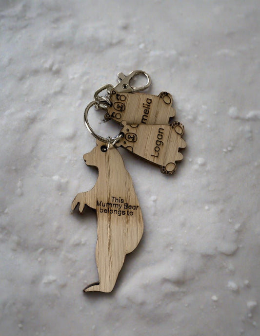 Oak veneer mummy bear keyring - Laser LLama Designs Ltd