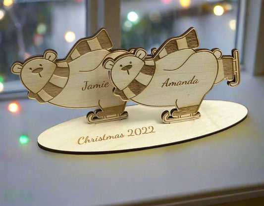 Wooden personalised bear couple Christmas decoration - Laser LLama Designs Ltd