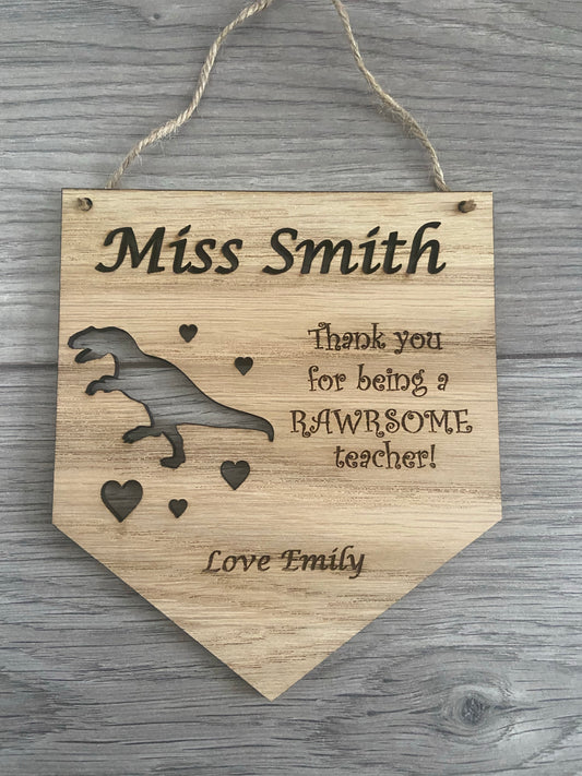 Oak veneer personalised dinosaur bunting plaque - Laser LLama Designs Ltd