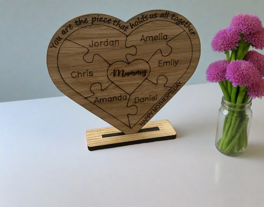 Oak veneer freestanding heart shaped puzzle - Laser LLama Designs Ltd