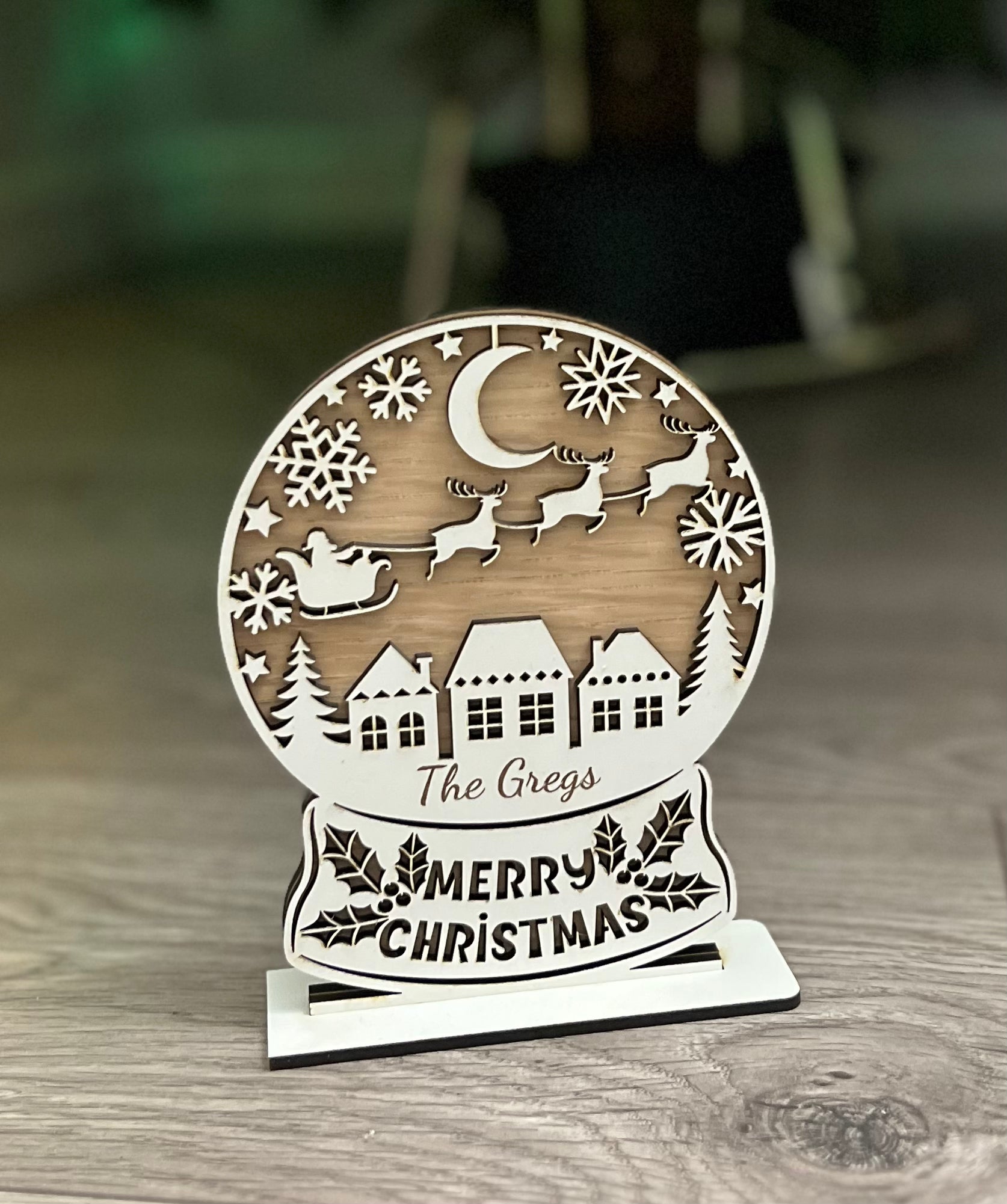 Wooden personalised layered snow globe decoration - Laser LLama Designs Ltd