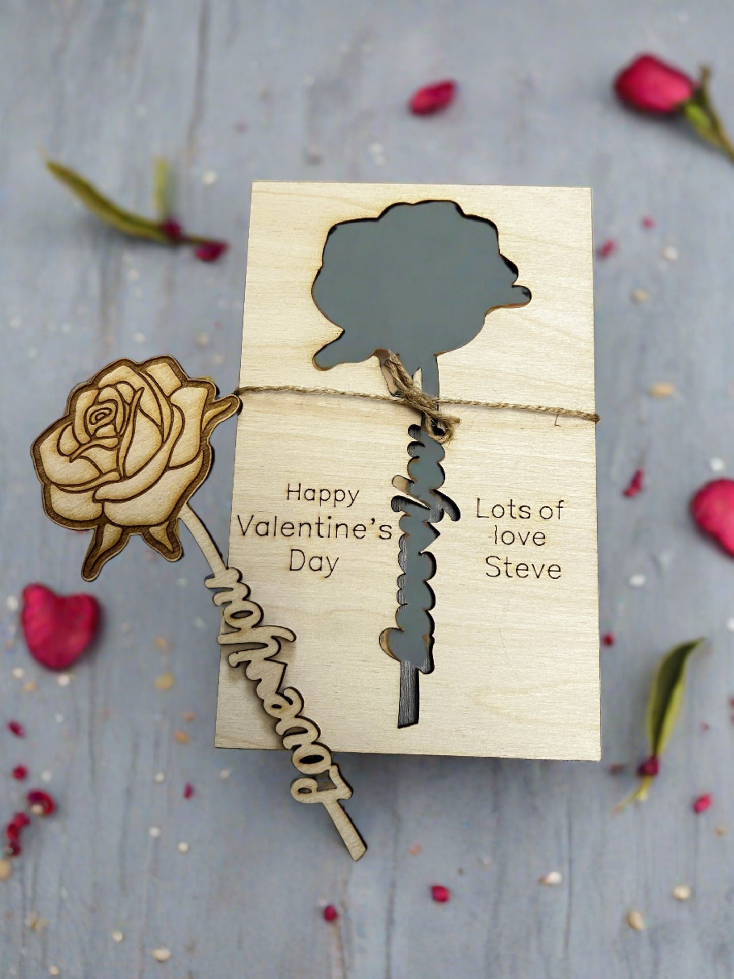 Wooden personalised card with laser cut rose - Laser LLama Designs Ltd