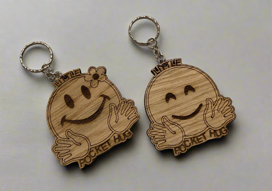 Oak veneer pocket hug keyring - Laser LLama Designs Ltd