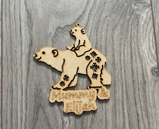 Mdf personalised mummy & cub bear bauble - Laser LLama Designs Ltd