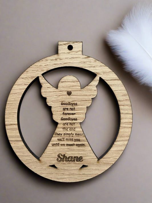 Oak veneer angel memorial bauble - Laser LLama Designs Ltd