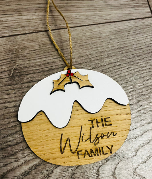 Wooden personalised Christmas pudding tree decoration - Laser LLama Designs Ltd