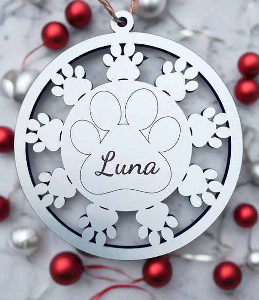 Wooden personalised paw round bauble - Laser LLama Designs Ltd