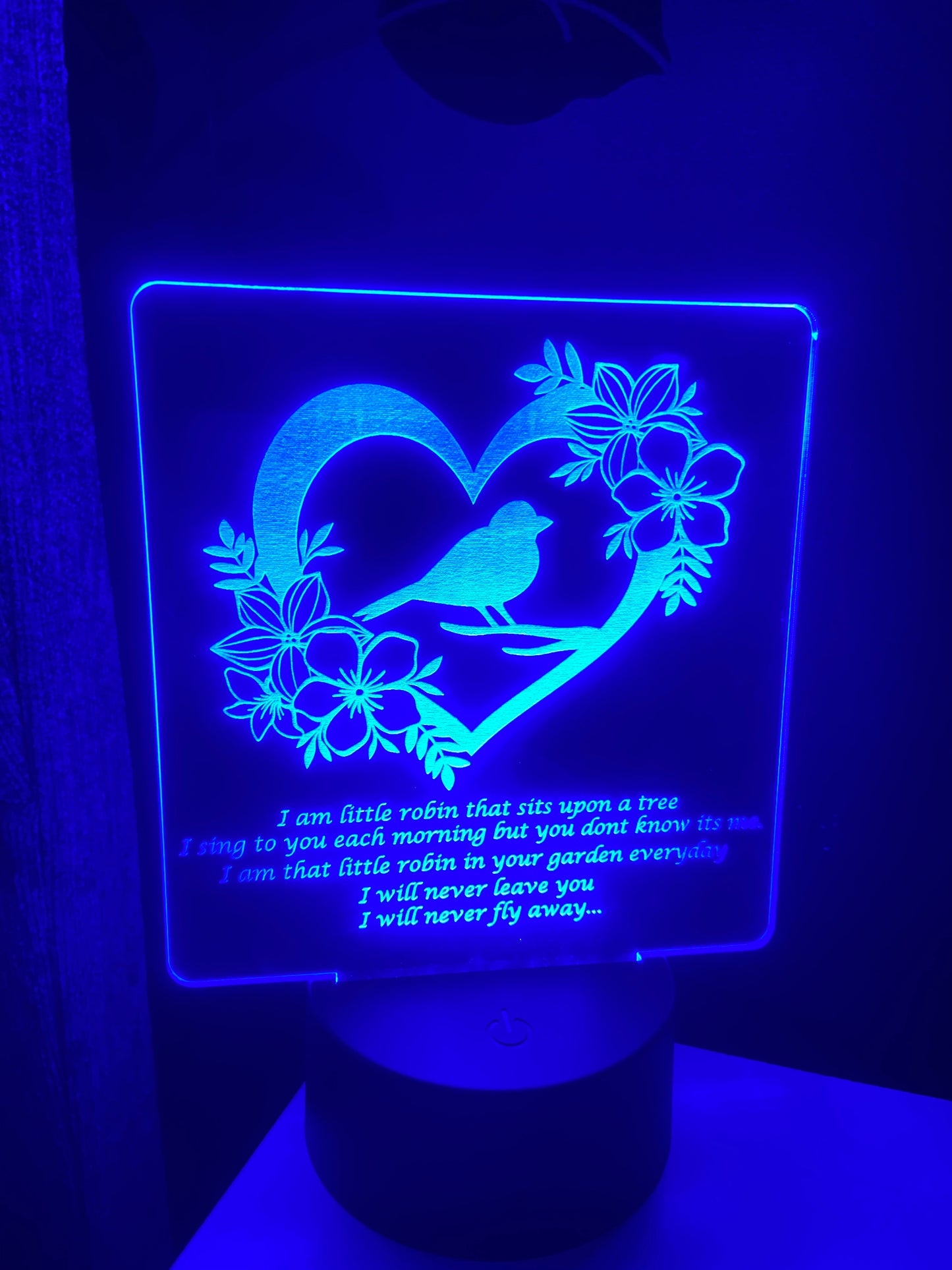 Robin LED light up display - 9 colours option with remote ! - Laser LLama Designs Ltd