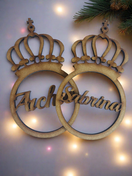 Personalised  wooden mdf  crown bauble - Laser LLama Designs Ltd