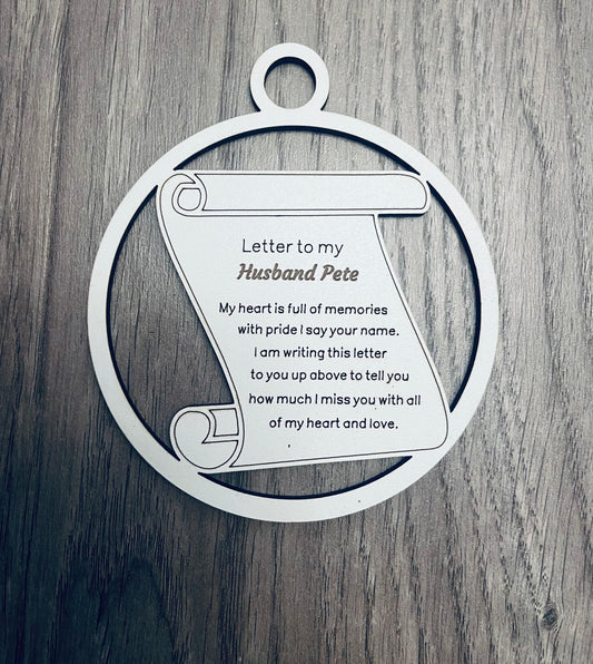 Wooden personalised scroll letter bauble - Laser LLama Designs Ltd