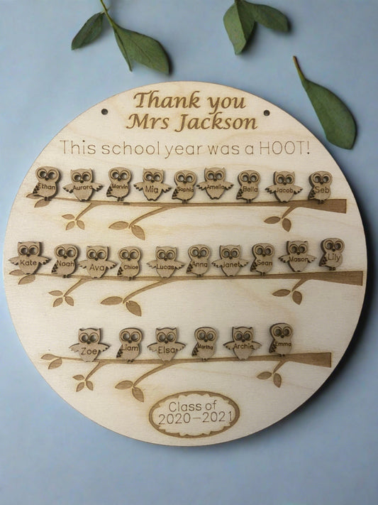 Wooden personalised teacher plaque -little owls - Laser LLama Designs Ltd