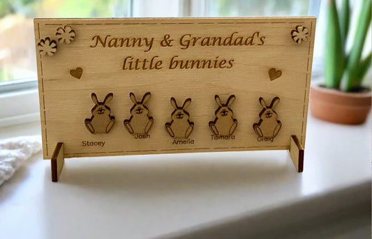 Wooden personalised little bunnies freestanding plaque - Laser LLama Designs Ltd