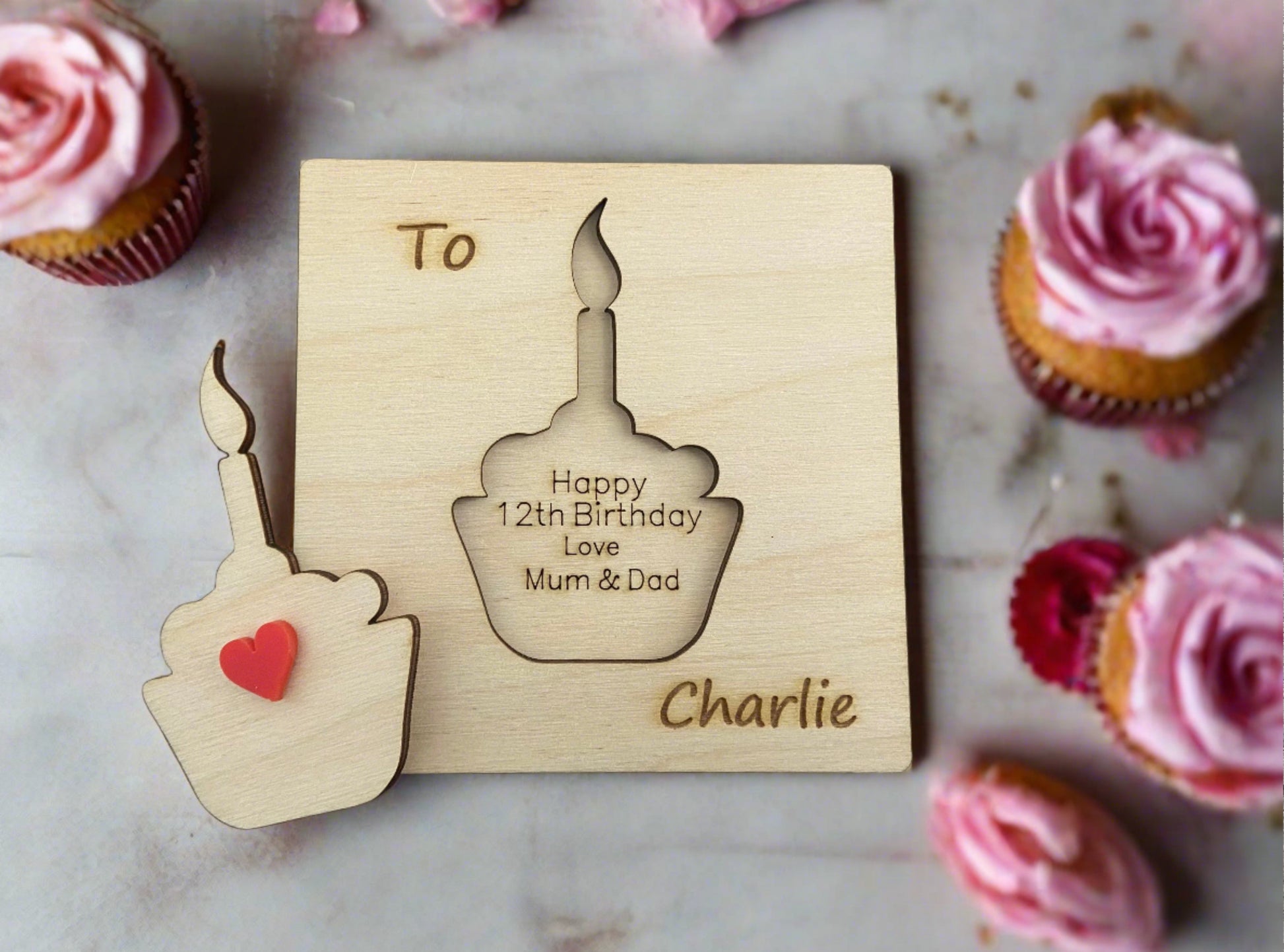 Wooden 3D personalised birthday card -cupcake - Laser LLama Designs Ltd