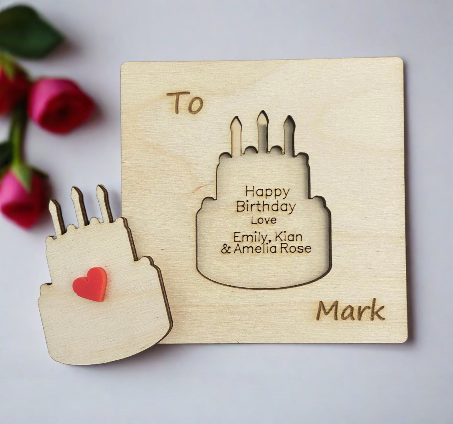 Wooden 3d personalised birthday card - cake - Laser LLama Designs Ltd